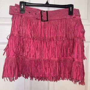NWT size L pink rhinestone fringe skirt with belt